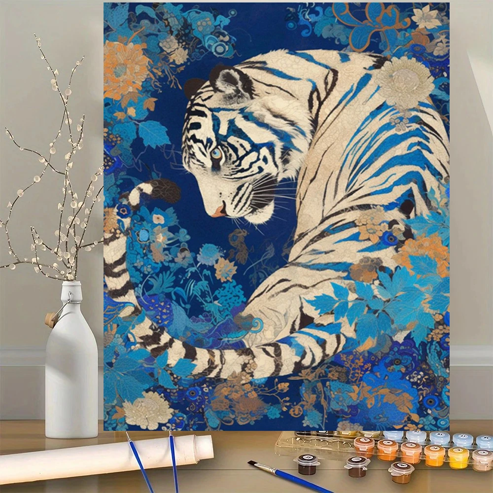 Peinture acrylique par numéros, tigre bleu et blanc, kit de peinture à l'huile, tableau d'art pour chambre à coucher, peinture à la main pour adultes, cadeau unique