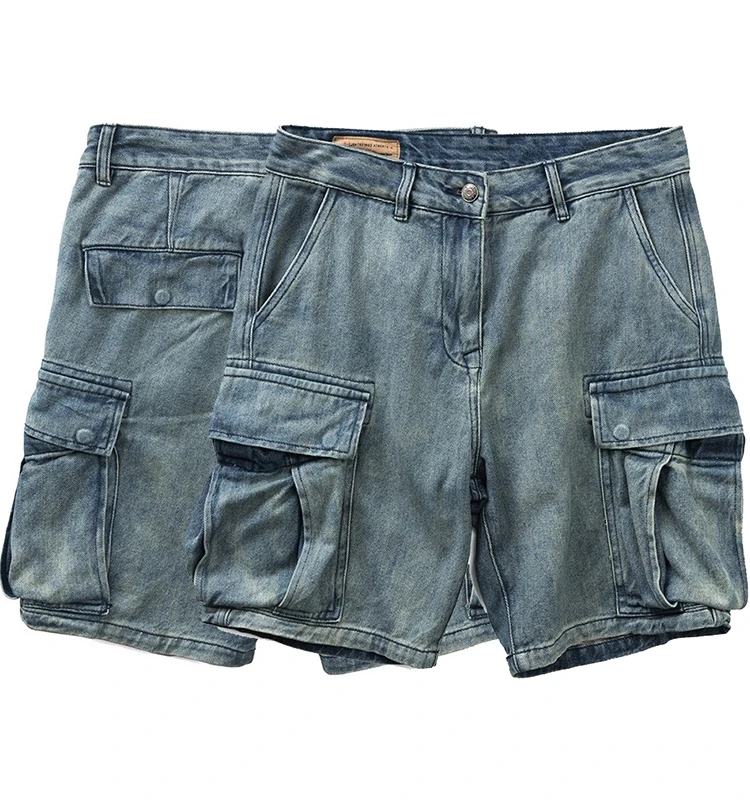 

Summer Loose Men's Denim orts with Multiple kets Waed out Vintage Sle mid Waist Zipper Casual Straight Leg Jeans