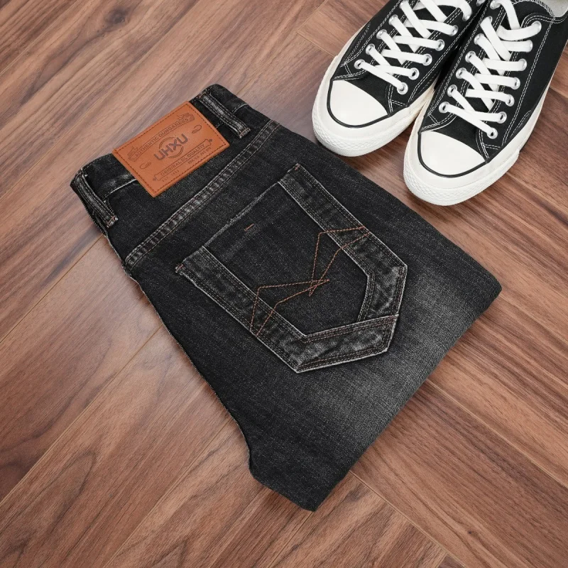 

New autumn men's pants: classic embroidered jeans in black and gray, slim-fit, slimming, straight-leg, trendy high-end men's wea