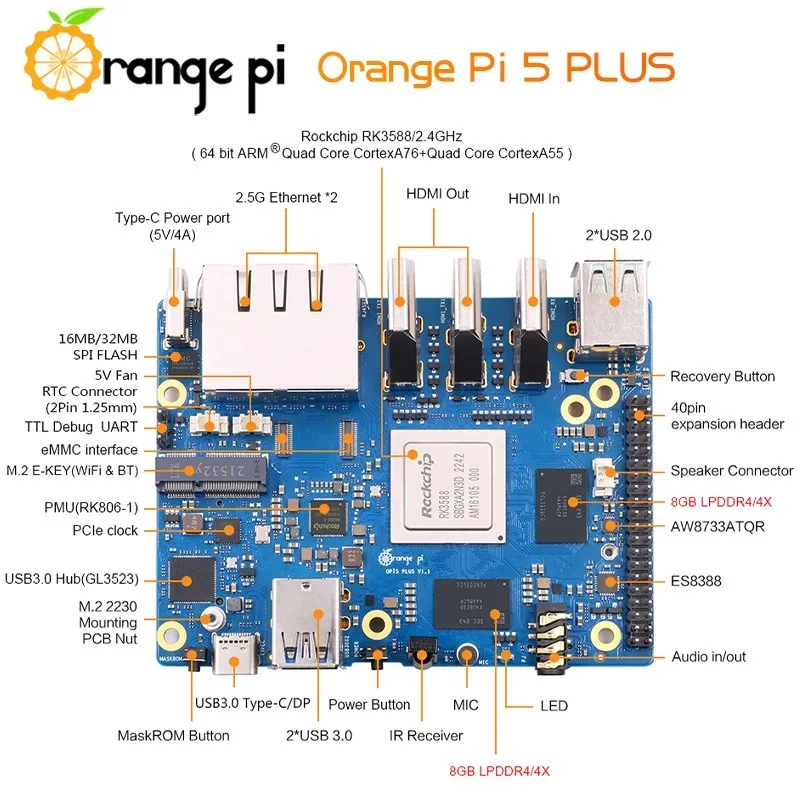 Orange Pi 5 Plus 16GB 4GB 8GB RAM RK3588 Optional Case 5V 4A Power Adapter Card eMMC WiFi6 BT5.2 Module for Orange Pi 5 Plus