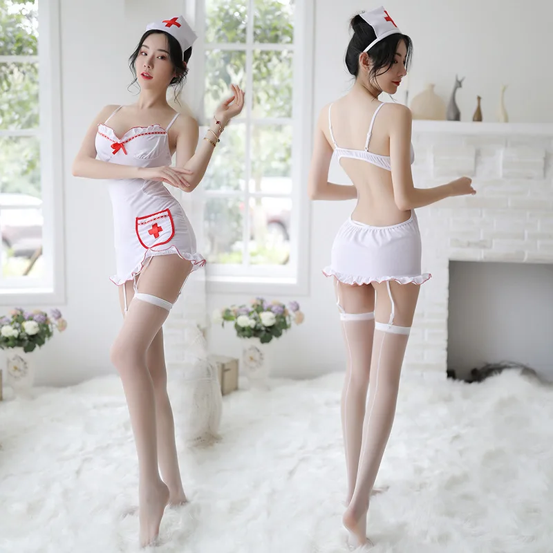 Night Fun Lingerie Maid Nurse Uniform See-through Temptation Set Bust-revealing Strap Dress Nightclub Outfit