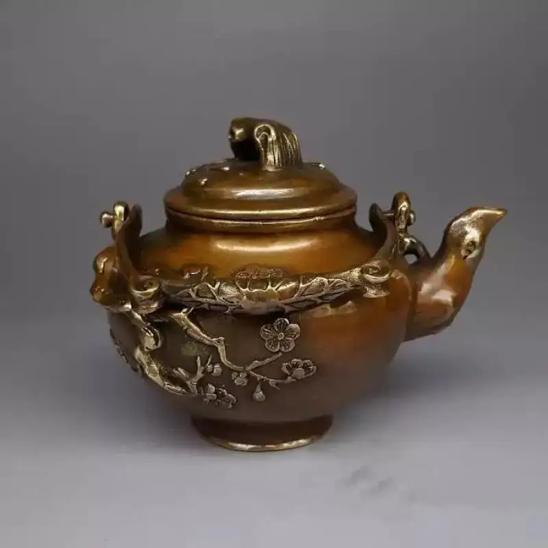 Brass Plum Blossom Teapot Statue Chinese Antique Copper Kettle Decorative Pot Home Desktop Ornament Collectible Craft