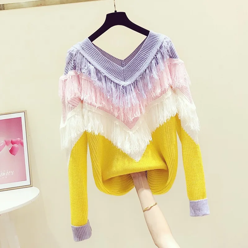 Heavy Industry Multicolored Tassel Pairs V-neck Long-Sleeved Sweater Women 2023 Autumn Winter New Korean Style Casual Knitwear