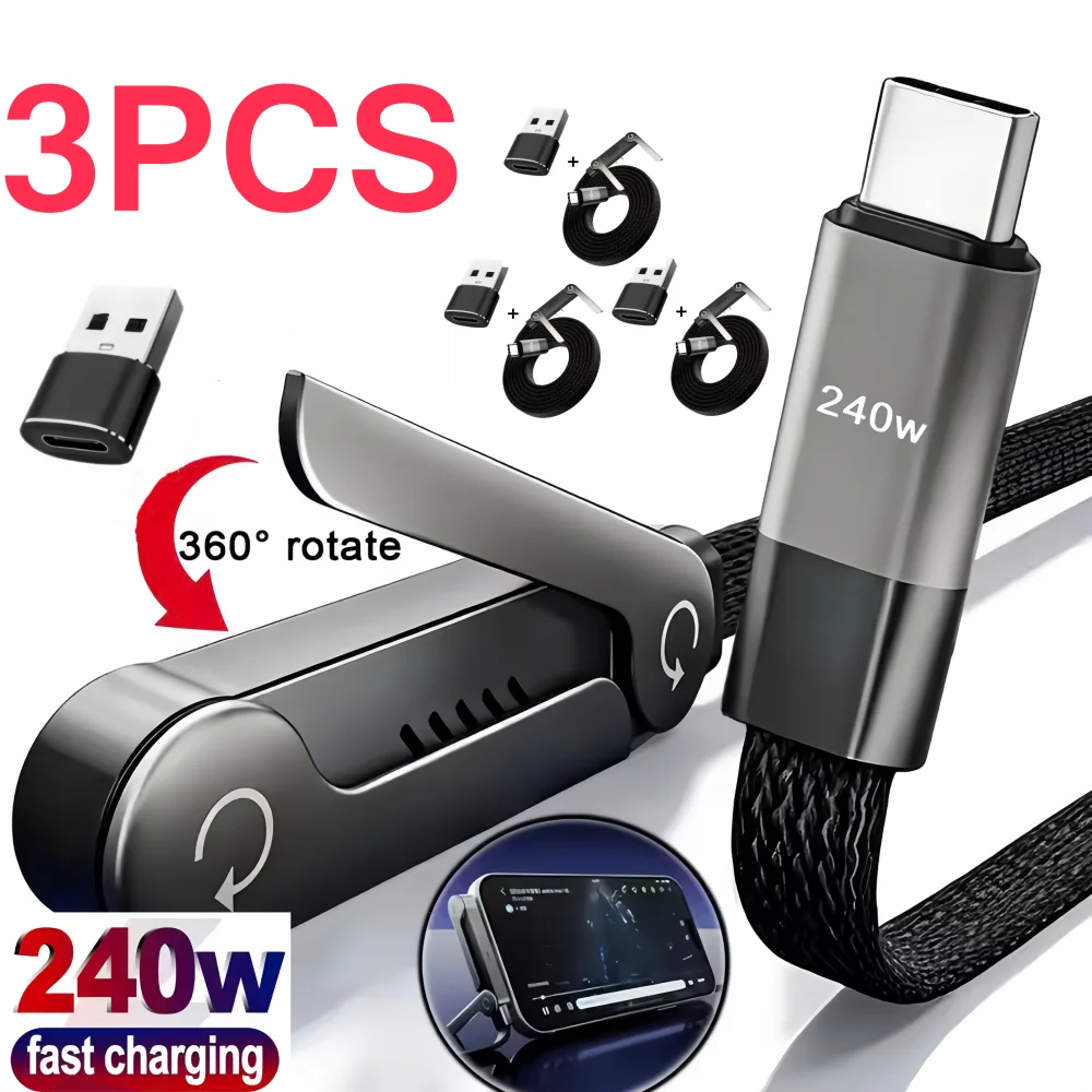 Cabo de Carregamento Dobrável 1/3 Peças com Suporte Integrado, Cabo de Carregamento Rápido para Celular e Tablet, Cabo de Dados Ultrarrápido 240W com Suporte para Celular