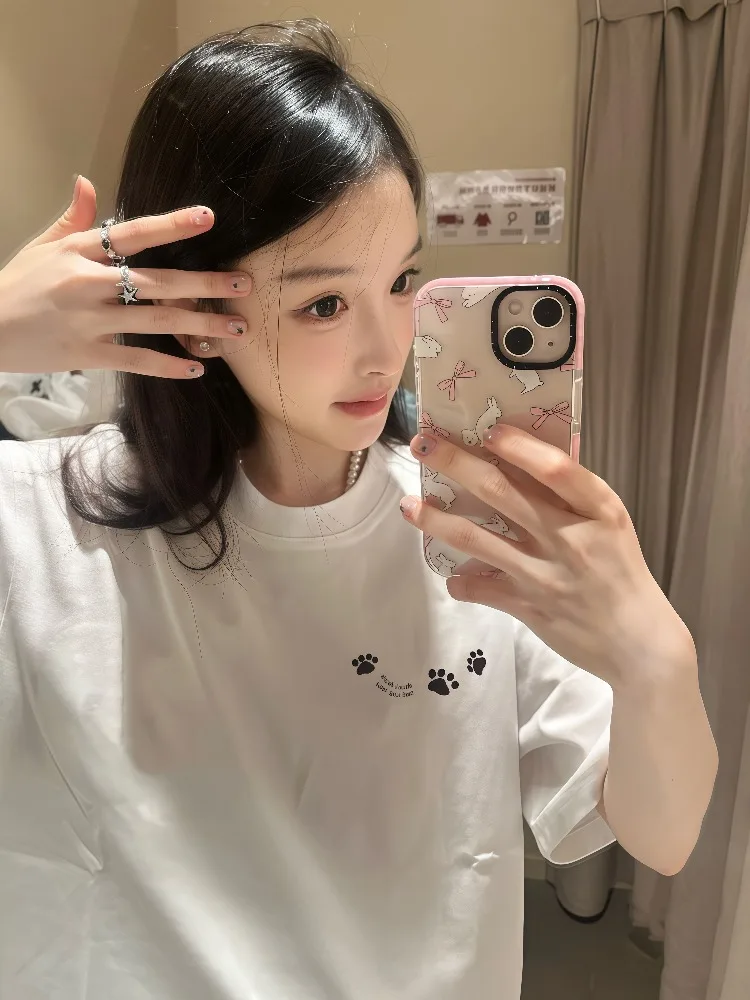 Cute Dog Claw Print T-shirt Women's 2025 Summer New 100% Cotton Short sleeve Loose Casual T-shirt Y2k Tops kawaii Female clothes