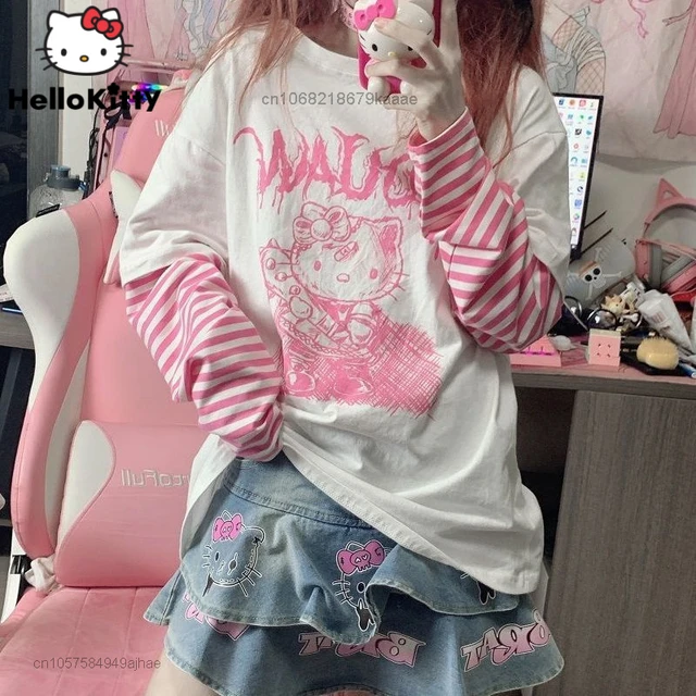 Sanrio Clothes Hello Kitty Patchwork Stripe Long Sleeves Top Harajuku Women 2022  Summer Sweet T-shirt Y2k Girls Aesthetic Tops - T-shirts - AliExpress