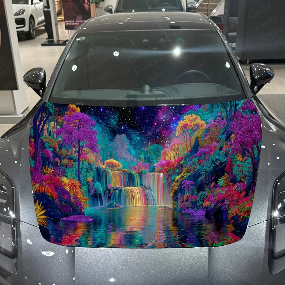 

Psychedelic Waterfall Tree with Vivid Colors Car Hood Stickers - Self-Adhesive, Waterproof and Durable Vinyl Wrap, Decorate And
