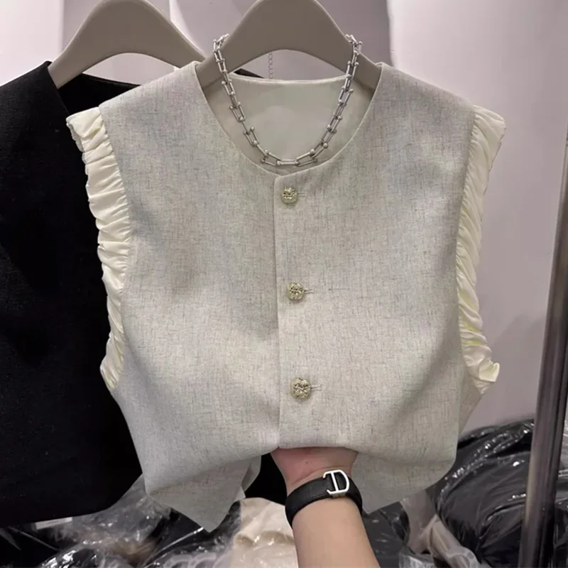 

Patchwork Women Vest Korean O Neck Casual Sleeveless Short Jackets 2025 Female Loose Waistcoat Vintage Chic Tops Women Tops