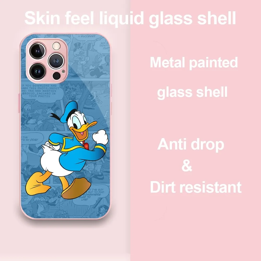 MINISO Donald Duck Phone Case For iPhone 11 12 13 14 Pro Max Plus Mini Metal Painted Glass Fashion Antio-Drop Shell