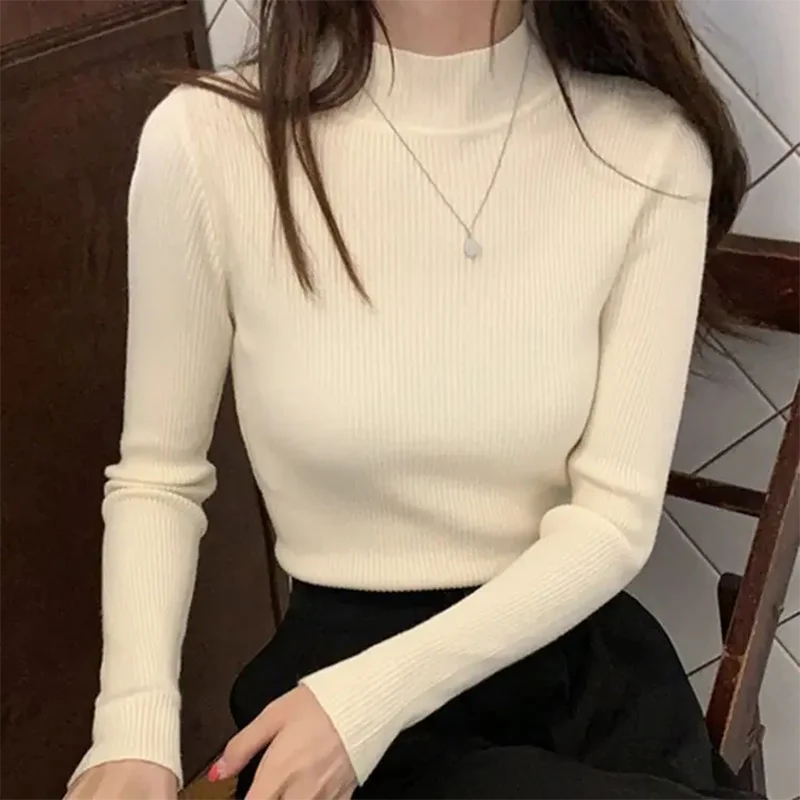 Jesienno-zimowy sweter damski z dekoltem w szpic Vintage Basic Solid Knitted Tops Casual Slim Pullover Korean Swetry Proste Szykowne Swetry
