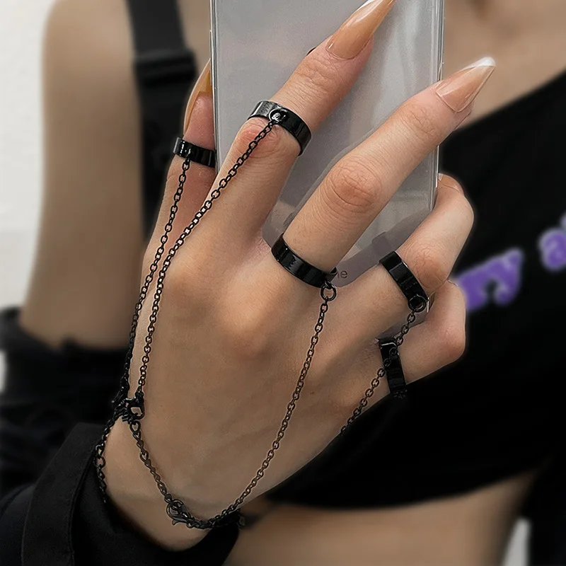 Unisex Punk Geometric Chain Bracelet Ring Charms Set for Men Women Couple Black Emo Hip Hop Chains Wrist Open Rings Set Jewelry