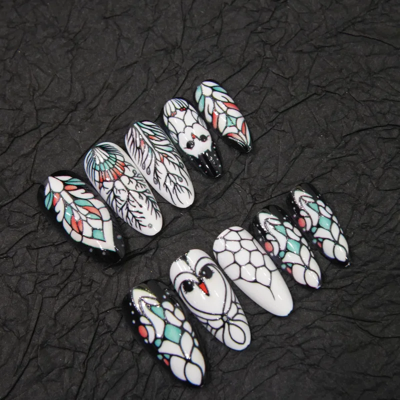 Art Hand‑painted Owl Feather Press On Nails,Vintage Graffiti Stylish Medium Almond False Nails,Removable Reusable Fashion Manicu