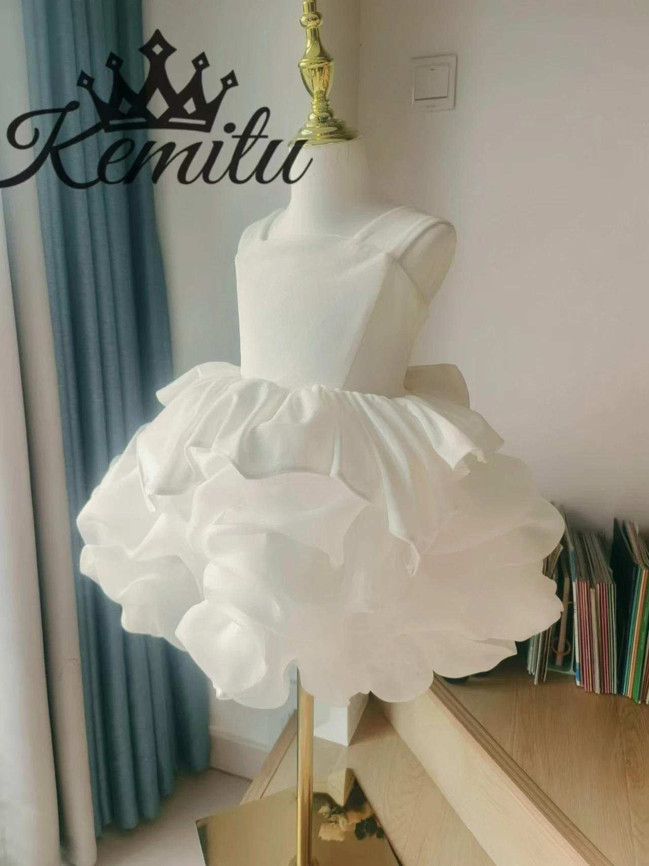 Fluffy Organza Flower Girl Dress  for Wedding Prom Ball Gown Kids Velvet Evening Dress for Girls