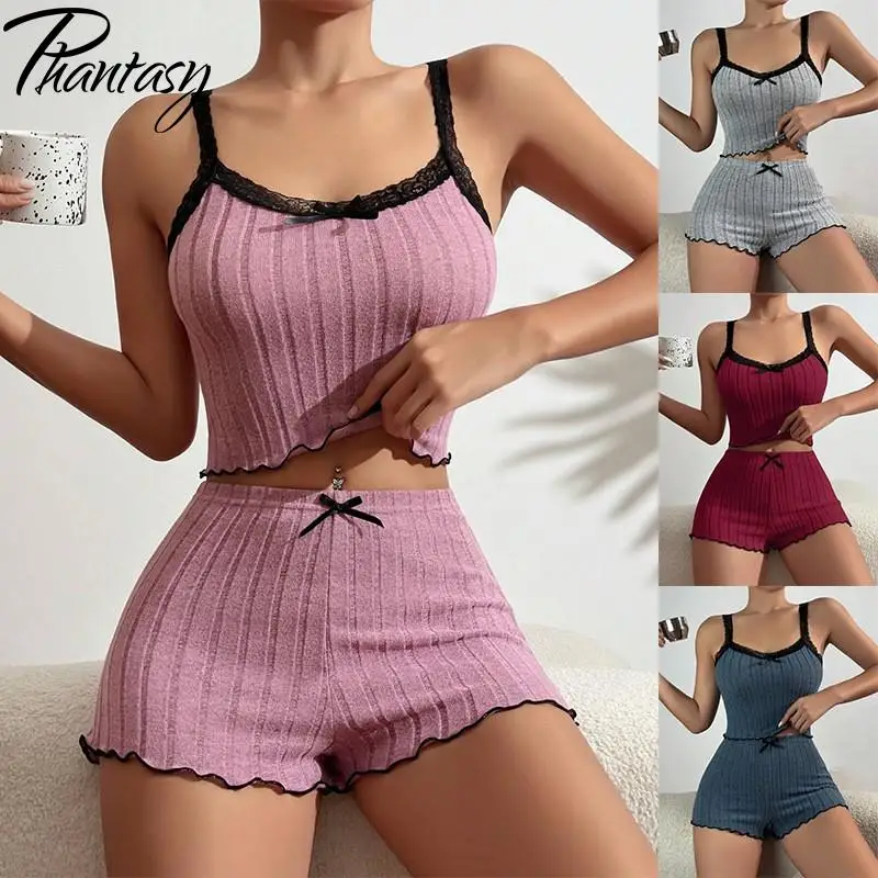 

Phantasy, новый женский пижамный комплект на бретельках, сексуальные кружевные топы, базовые шорты, пижамы, одежда для дома, повседневная стильная домашняя одежда, женская, лето 2023 г. ﻿