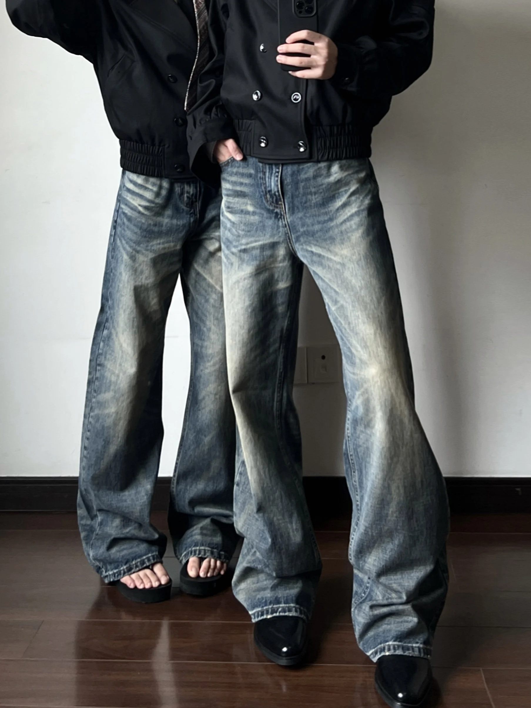 Retro American High Street Cleanfit Jeans Men's Loose Straight Legged Frayed Hem Washed out Casual Denim Pants for Teens And ...