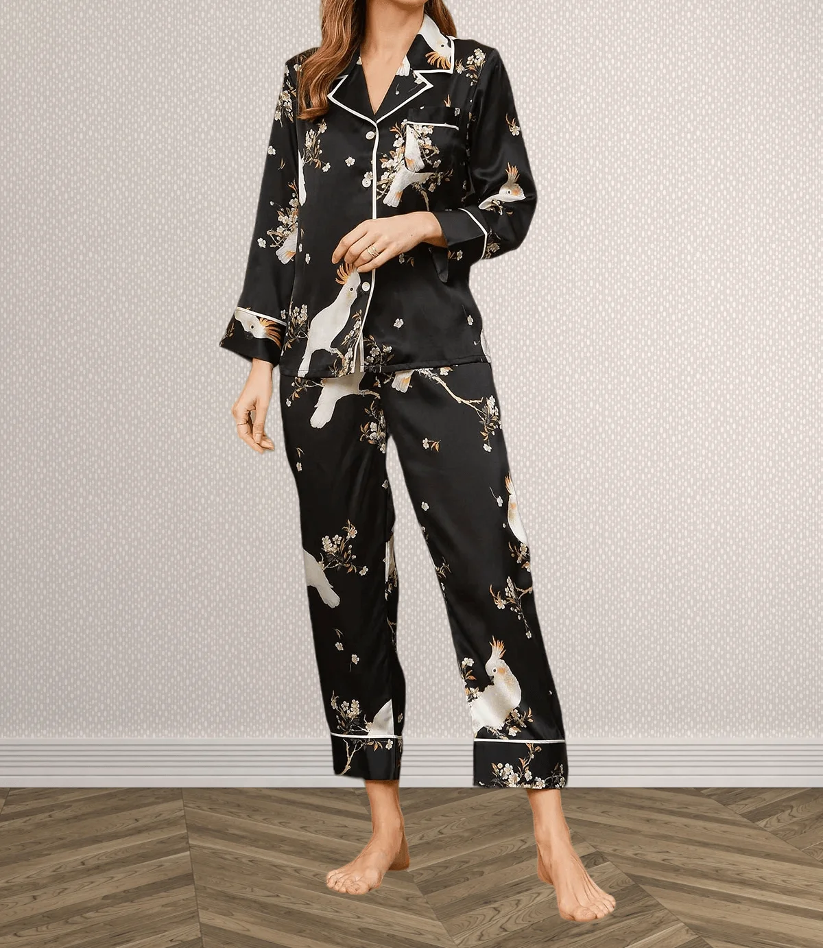 Printed Ladies Mulberry Silk pyjamas Tops & Pants Women Long Sleeve Soft Nightwear Female Loungewear Pure Silk Sleepwear Set