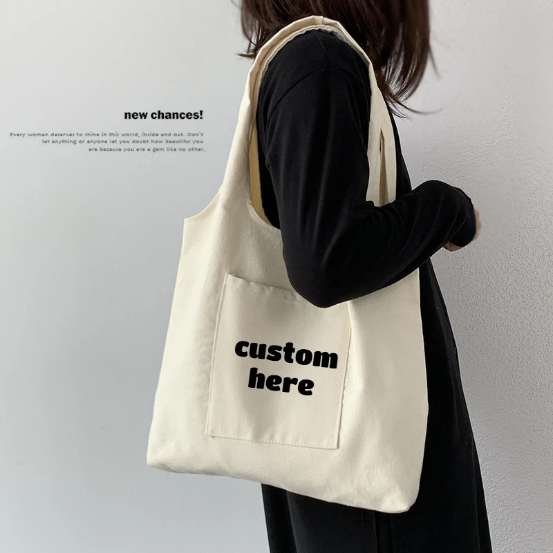 Custom Logo Casual Shoulder Bags Shopper Canvas Foldable Handbags Aesthetic Ladies Reusable Eco Bags High Quality Women