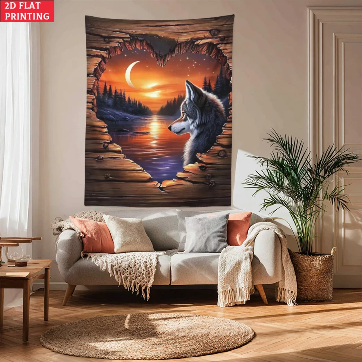 unframed Wolf Heart Shape Sunset Tapestry Animal Love Nature Art Wall Hanging For Living Room Romantic Decor