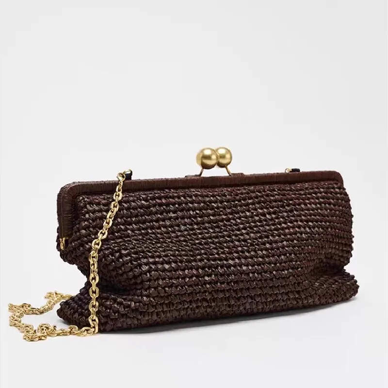 

Luxury Metal Handle Clutch Bag Women Exquisite Handmade Rattan Woven crossbody Bag Half-moon Beach Bags Roomy Straw Tote Bag
