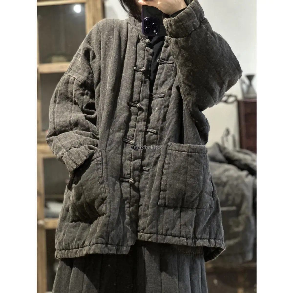 2023 winter chinese style long cotton-padded jacket vintage linen stand collar cheongsam button women cotton-padded coat s931