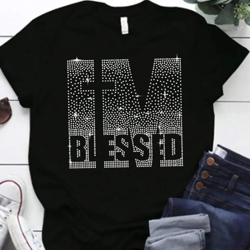 Women's Plus Size T-shirt Summer Round Neck Short Sleeve Printed Letters IM Hot Diamond Tops Fashion Casual Plus Size Feminino