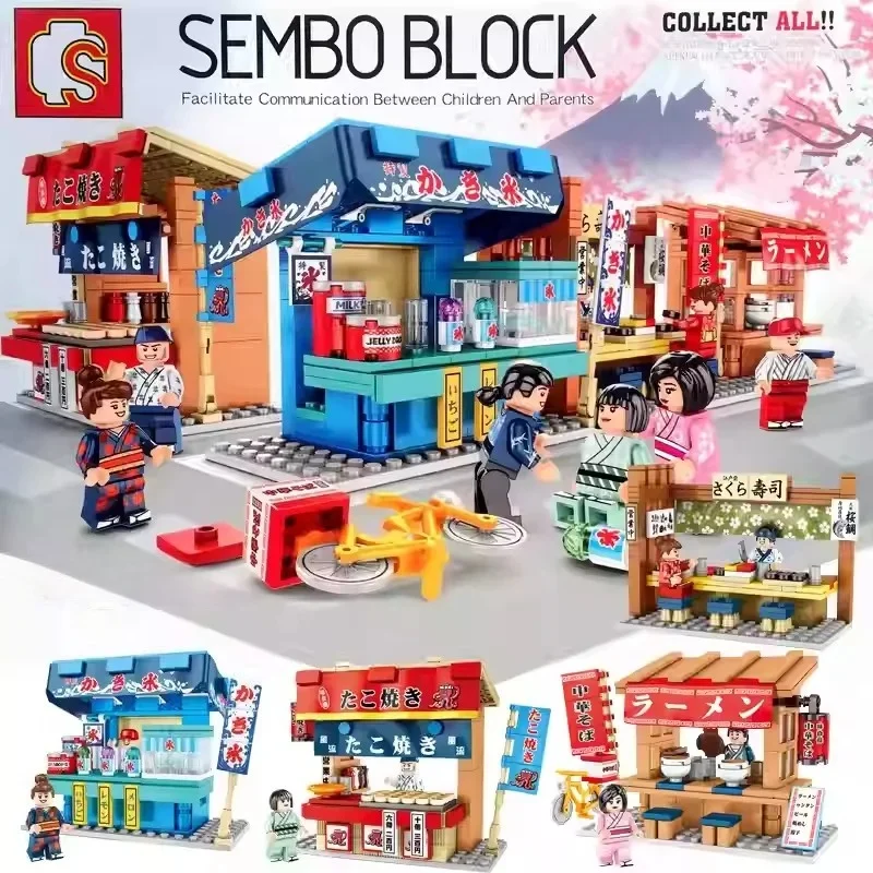 SEMBO BLOCK Japanese Mini Street Scene Series Japanese City Sushi Shop Snack Street Small Particle Assembling Educational Toy