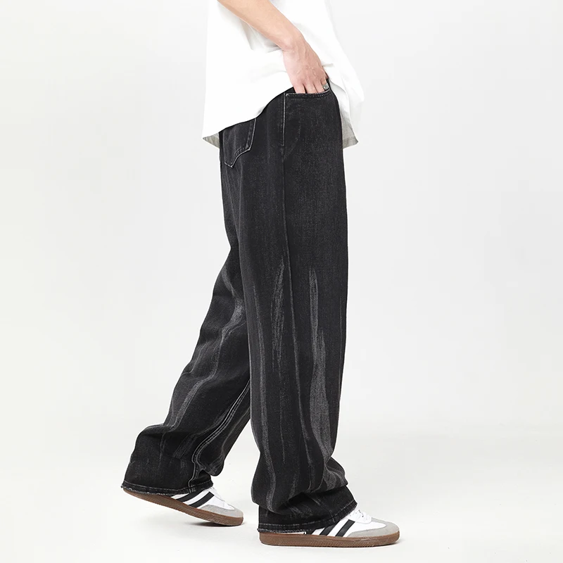 2024New Black Jeans Men's Trend Loose Straight Hip-Hop Street Fashion Personality Boy Mop Trousers