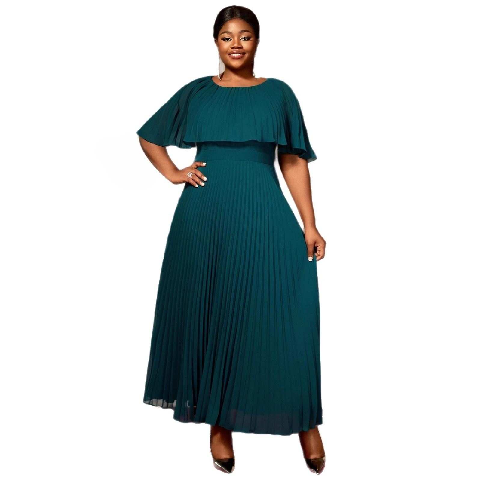

Elegant Crew Neck Cape Shawl Short Sleeves Pleated Chiffon Long Evening Party Dress Green