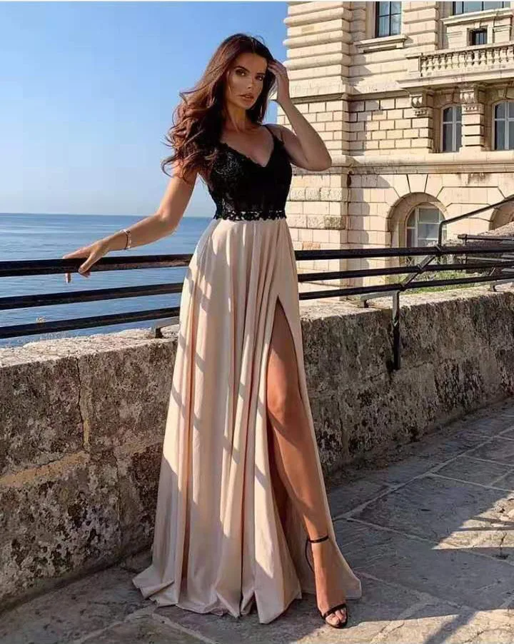 

2020 Women's Sexy Sleeveless Lace Camisole Slit Dress Long Skirt New Style
