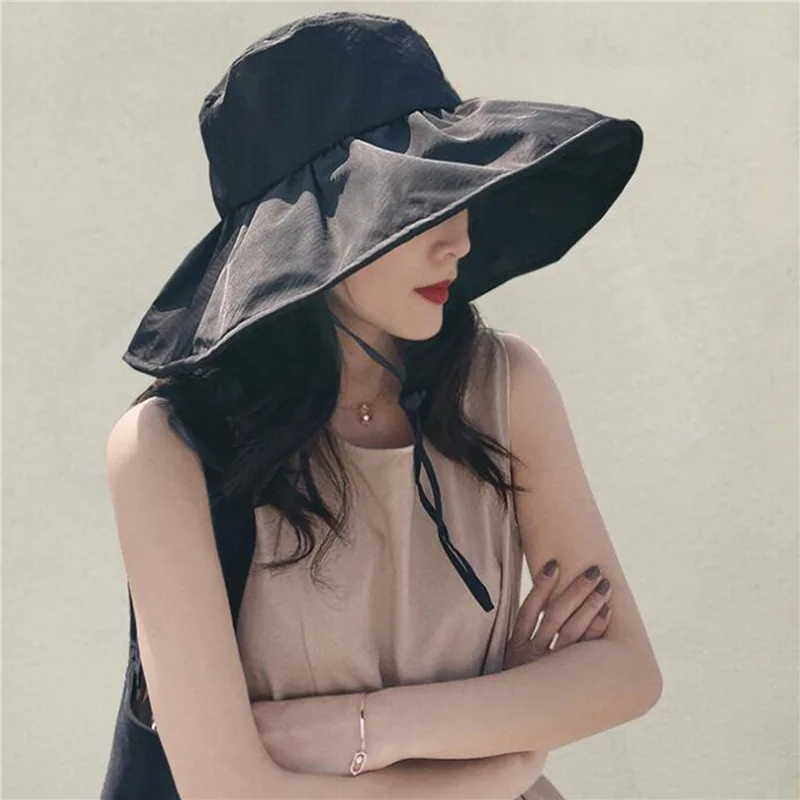 Sun Hats for Women Summer Black Glue Bow Female Panama Hollow Straw Hat UV Protection Big Brim Face Sunscreen Sun Bucket Hats