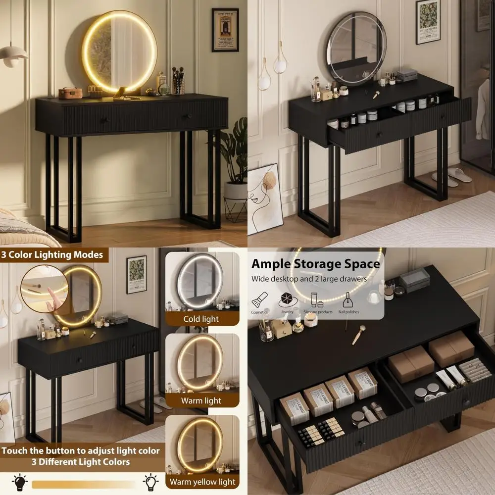 illuminated makeup vanity desk with adjustable height and 3-color led lights