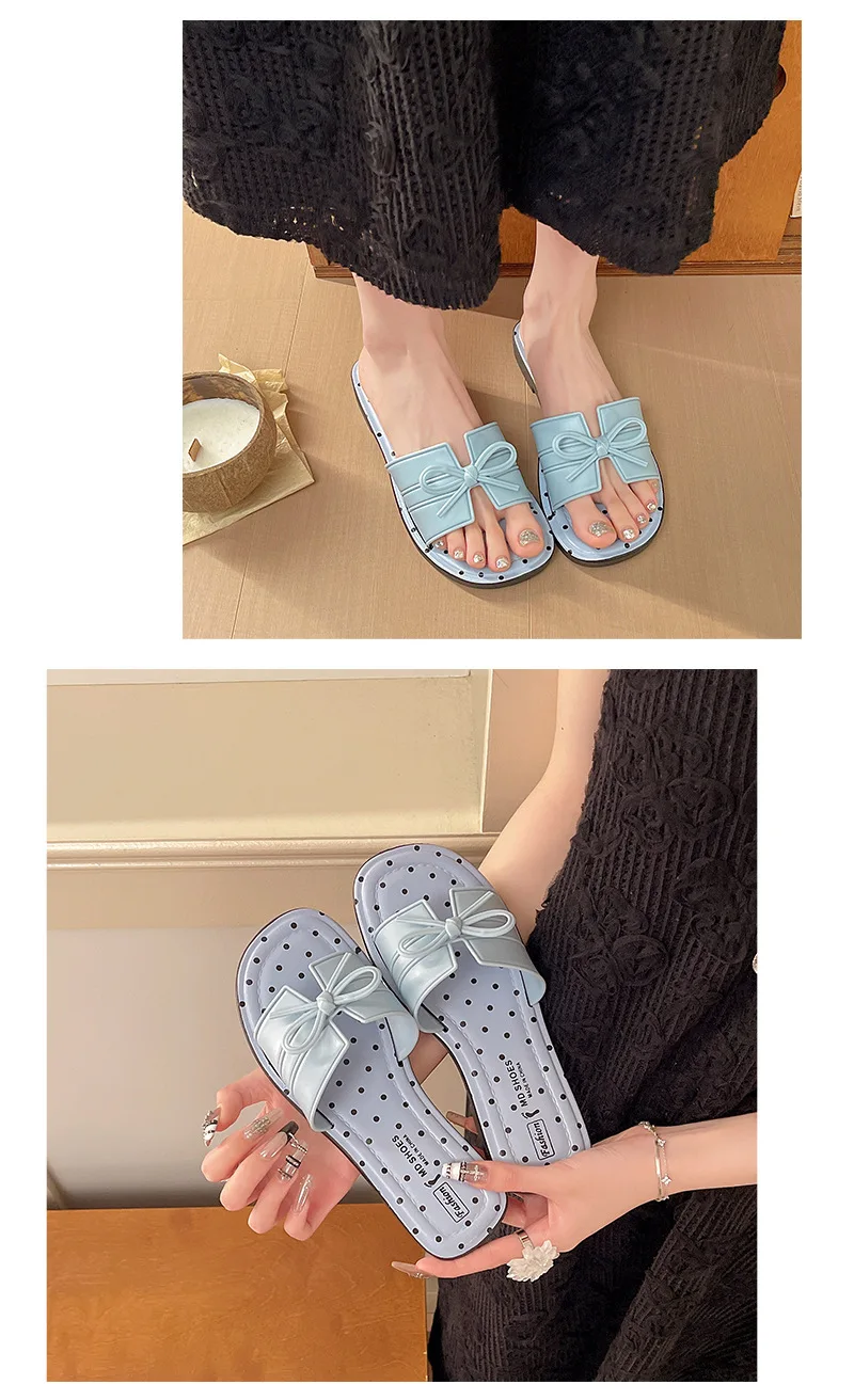 Damen Sommer Neuheit: Stylische Pantoletten mit Schleife, niedrigem Blockabsatz, Polka Dots und offener, eckiger Zehenpartie – Detail 4