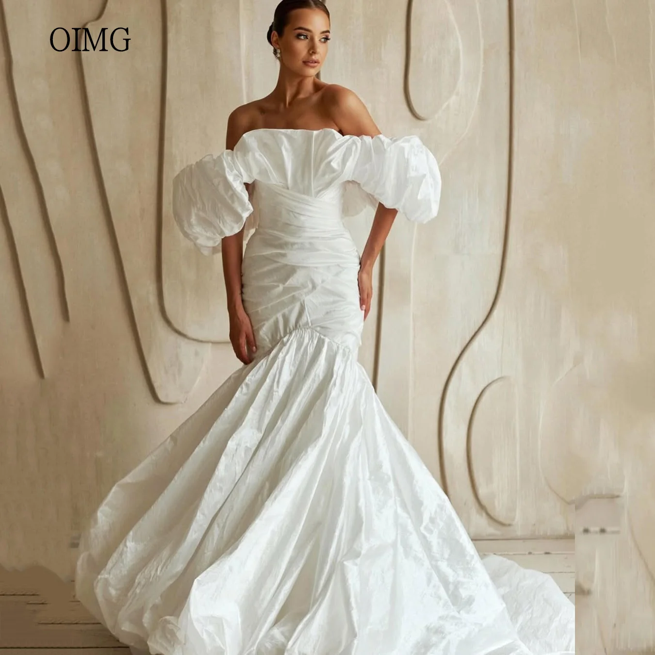 

OIMG Pastrol Ivory Mermaid Wedding Dress Off The Shoulder Bride Dresses Taffeta Floor Length Wedding Gowns vestidos Customized