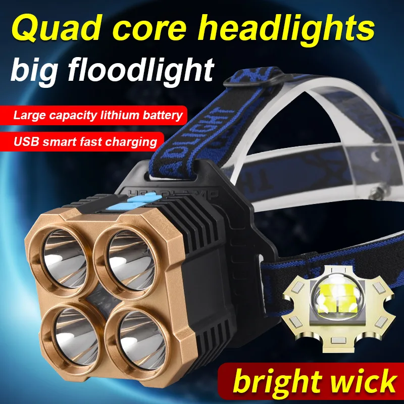 Super bright 4Led Headlamp USB Rechargeable Headlight Long-range Head Torch Red Light Outdoor Riding Flashlight Built-in battery