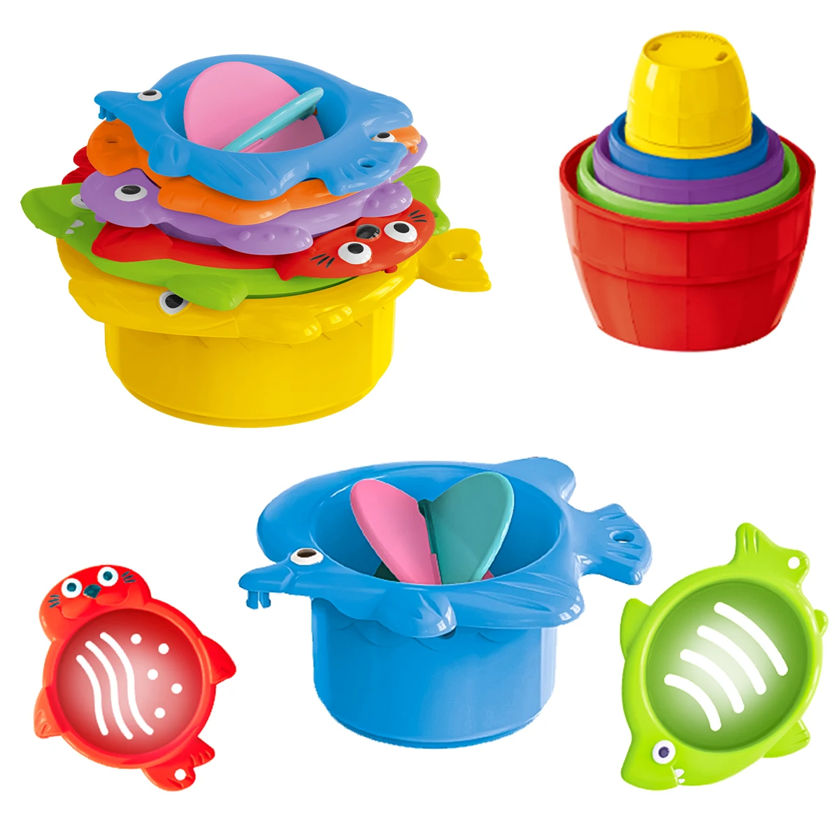 Toddler Stacking Bath Toys, Random Colors Cups Basket Summer Water Bathroom Beach Game Gifts for Boys and Girls Some Part Random