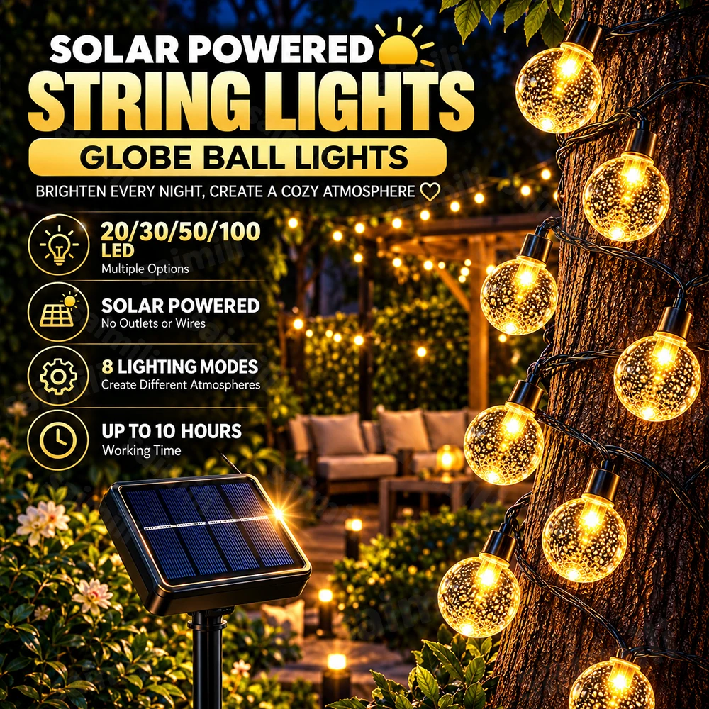 Solar Charging Bubble Crystal Ball LED String Lights Waterproof 8 Modes Adjustable Lighting Effects For Exterior Garden Decor