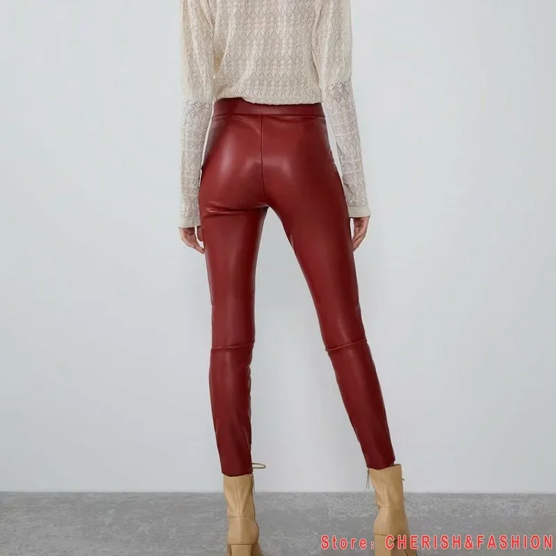 

Women High Wasit Faux Leather Trousers Fashion Autumn Winter Lady White Red Black Fleece PU Zippers Pencil Pants Skinny Stretc