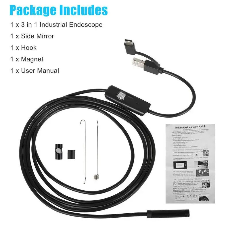 7mm Androids Industrial Endoscope Camera IP67 Waterproof 3IN1 USB/Micros USB/Type-C Borescope 6LEDs Adjustable Inspection Camera