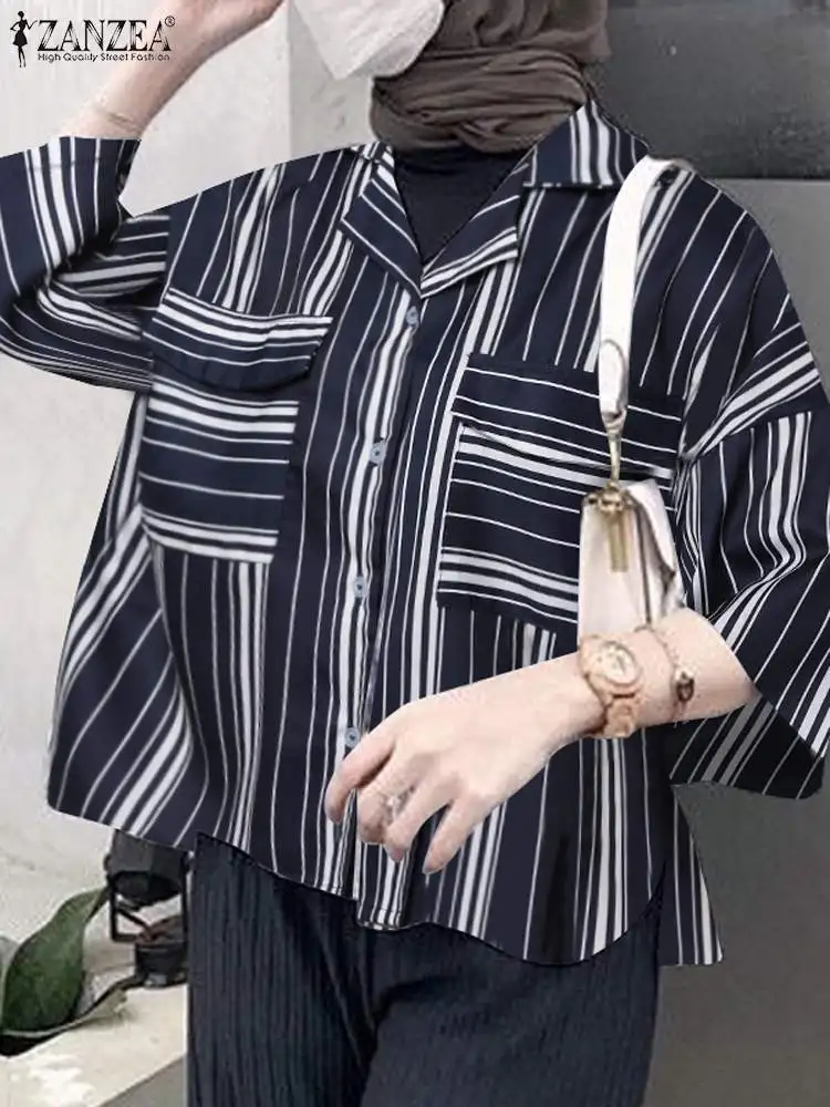 

ZANZEA Woman Stripe Printed Muslim Blouse Fashion Party Blusas 2024 Long Sleeve Lapel Shirt Autumn Casual Islamic Clothing
