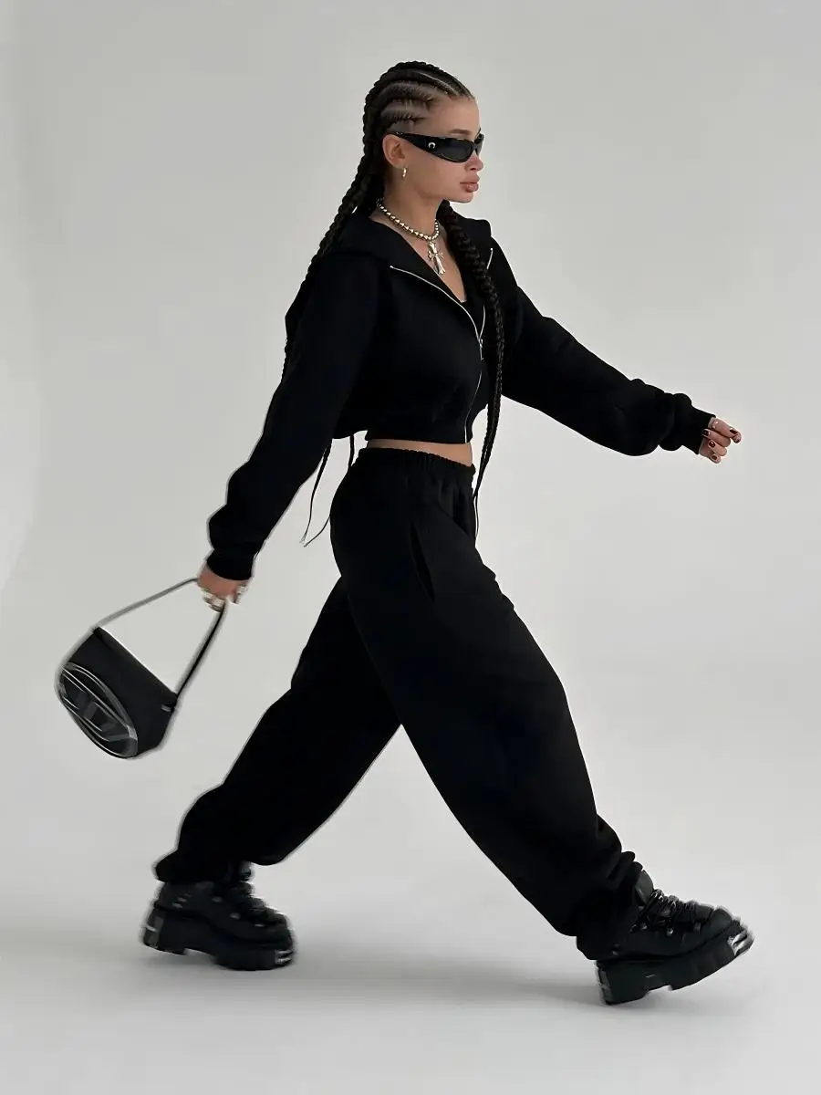 

Sumoyoo New Women's Cropped Hoodie Sweatpants Set Loose Drawstring Waist Zipper Cardigan Autumn Casual Trendy Hoodie Outfit