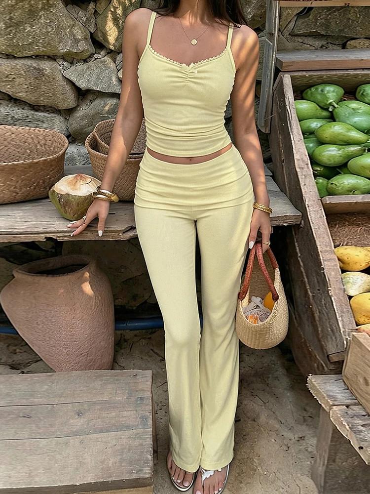 

Nibber Stretch Fashion Classic 2 Piece Women Trend Ruched Camisole+Patchwork Flare Pants Skinny Casuals Sporty High Street Suits