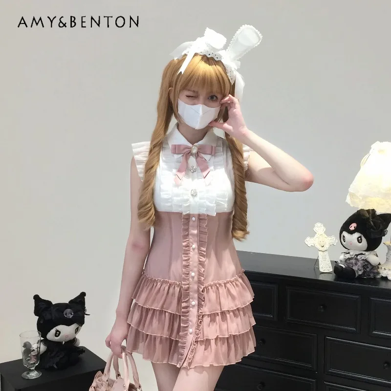 

Japanese Mine Mass-produced Sleeveless A-line Dress for Women Sweetheart Girl Cute Bow Collar Sleeveless Multi-layer Mini Dress