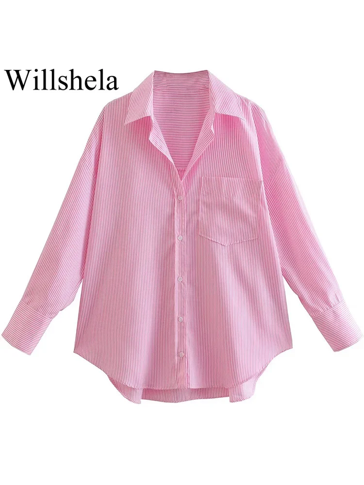 Willshela Women Fashion With Pocket Pink Striped Single Breasted Blouse Vintage Lapel Neck Long Sleeves Female Chic Lady Shirts