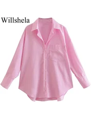 Willshela Women Fashion With Pocket Pink Striped Single Breasted Blouse Vintage Lapel Neck Long Sleeves Female Chic Lady Shirts