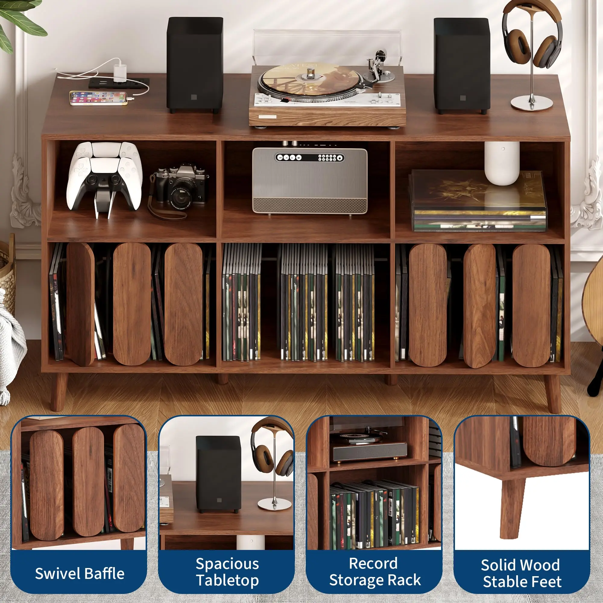 55.11'' Large Record Player Stand, Modern Wood Vinyl Record Storage Holder Shelf with Charging Station and 2 USB Ports, Mid Century Turntable Stand Player Table Storage Cabinet for Living Room