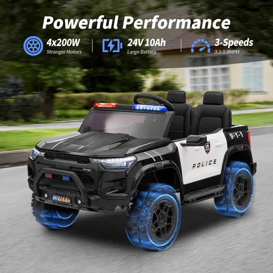 Carro de polícia elétrico para 2 lugares 24V 10AH Ride on Toy para grande com controle remoto 4x200W motores 5mph velocidade máxima - preto