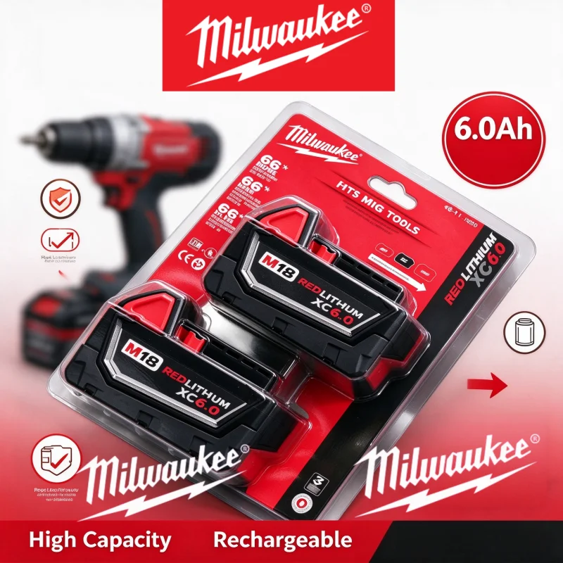 Milwaukee M18 XC 18V 5.0Ah 6.0Ah Lithium Cell High Capacity Battery Rechargeable for 48‑11‑2830 0730‑20 Cordless Power Tools