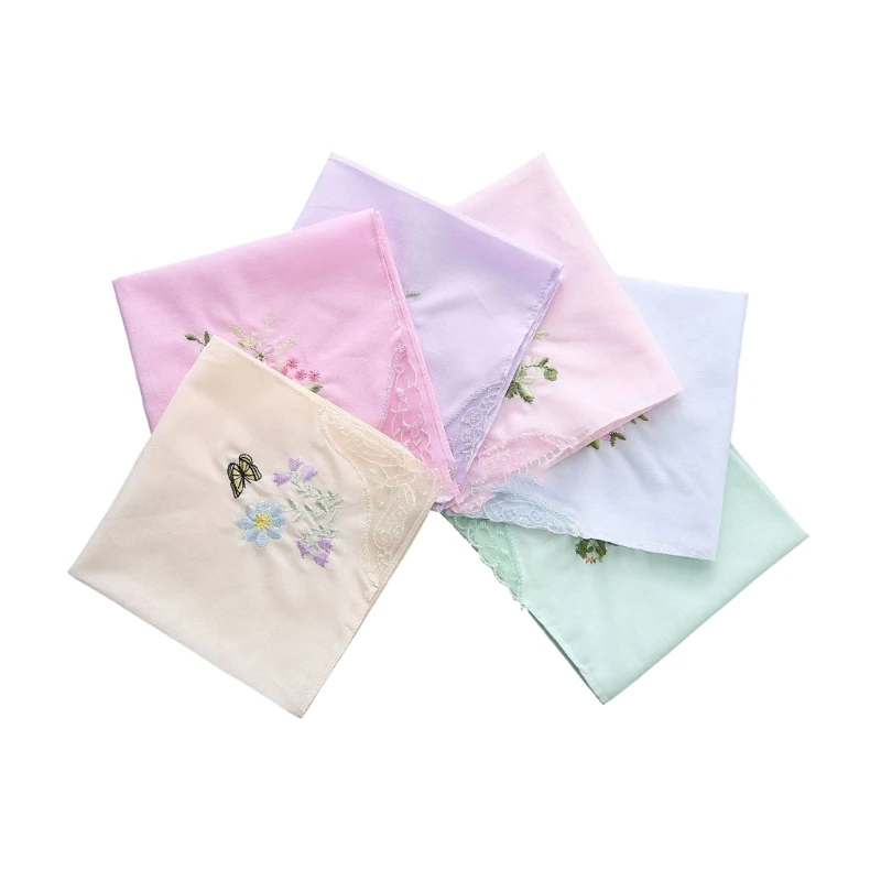 Ladies Cotton Embroidery Handkerchiefs Womens Soft Solid Candy Color Flowers Lace Edging Hankies for Wedding Party F3MD