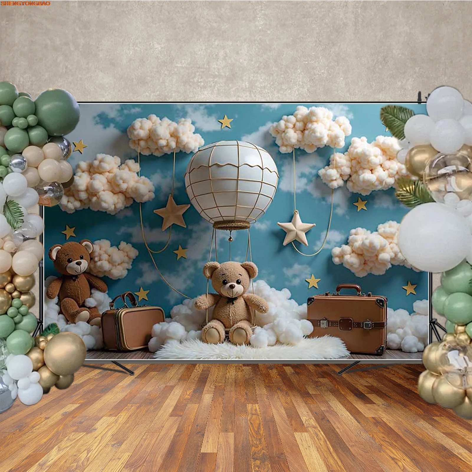 خلفية تصوير لعيد ميلاد الطفل القرش تيدي بير حقيبة السماء الزرقاء خلفية للتصوير الفوتوغرافي دعائم كشك تصوير لاستوديو الأطفال