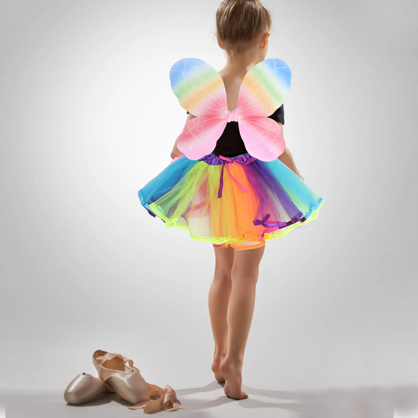 

Rainbow Butterfly Wings Skirt Set Tutu Costume Accessories Colorful Mesh Cloth Kids Fairy Dress Prom Opera Banquet Party